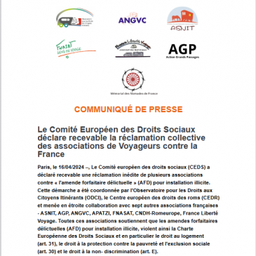 Le Comité Européen des Droits Sociaux déclare recevable la réclamation collective des associations de Voyageurs contre la France